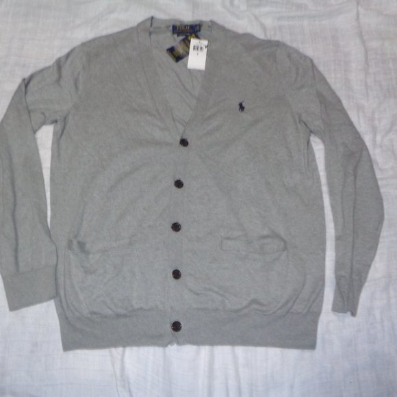 Polo Ralph Lauren Mens Button Up Cardigan Sweater Gray Pima Cotton Size Large - Picture 1 of 2